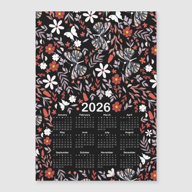 Calendrier 2026 Whimsical Floral & Butterfly Black (Devant)