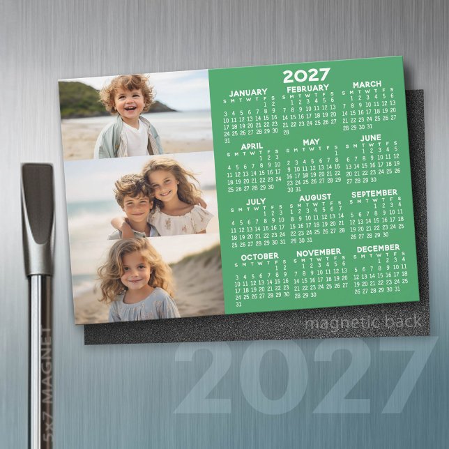 Calendrier 2027 - 3 Photos Magnet de base vert bla (2027 Calendar)