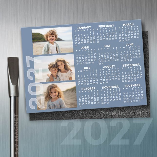 Calendrier 2027 - 3 Photos Magnet Minimal Bleu de  (2027 Calendar on a magnet)