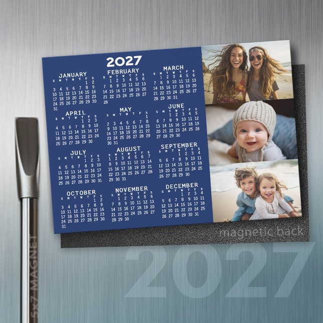 Calendrier 2027 3 Photos Minimal Bleu Blanc Magnet (2027 Calendar Magnet)