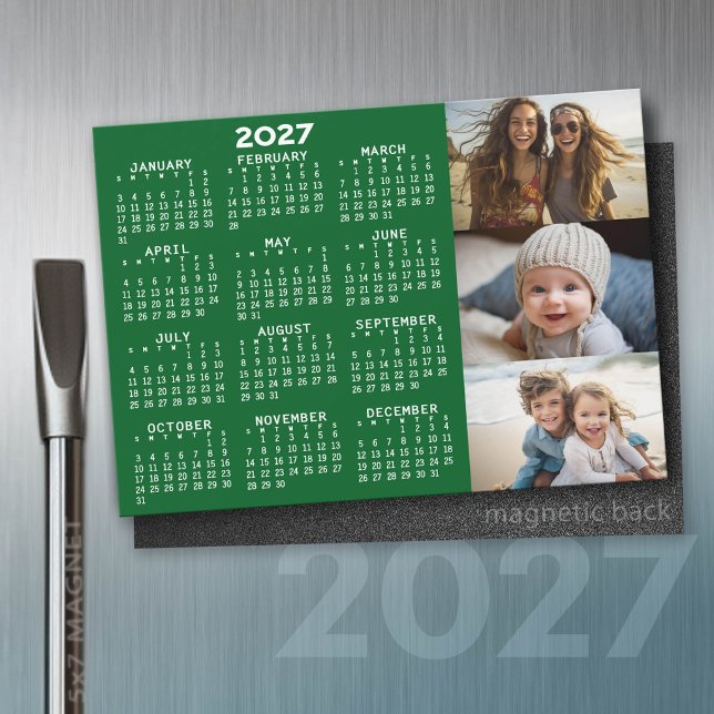 Calendrier 2027 3 Photos Minimal Vert Blanc Aimant (2027 Calendar Magnet)