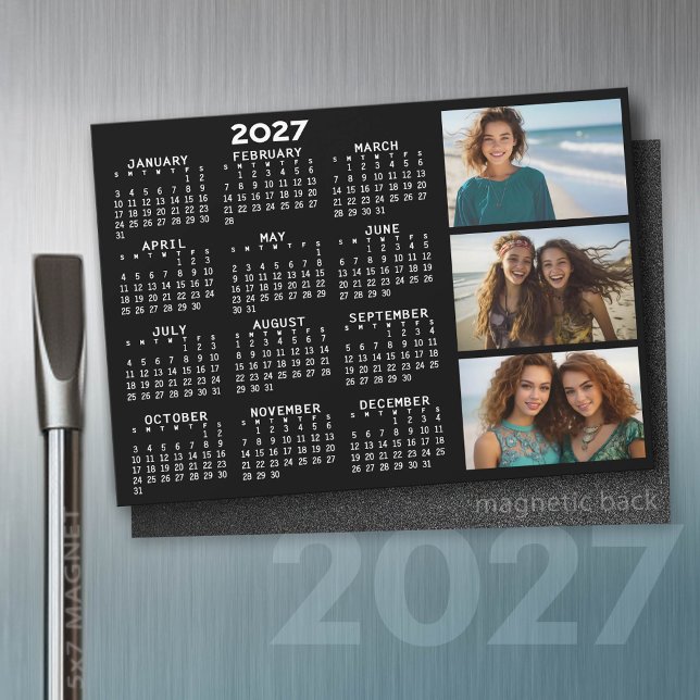 Calendrier 2027 3 Photos Noir Basique Aimanté (2027 Calendar Magnet)