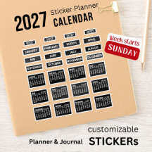 Calendrier 2027 Autocollants noir Dimanche Semaine