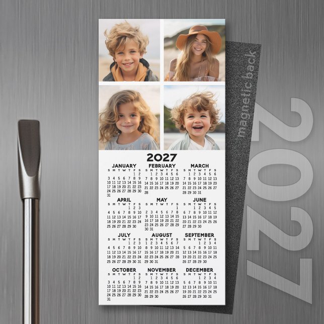 Calendrier 2027 avec collage de 4 photos - Aimant  (2027 Calendar Magnet with Photo Option - Great Refrigerator Magnet Calendars)