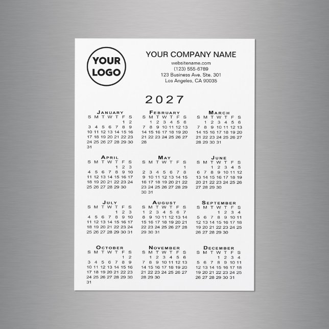Calendrier 2027 Carte Magnétique Texte Blanc Logo  (2027 Calendar Business Logo Text White Magnet Card in situ)