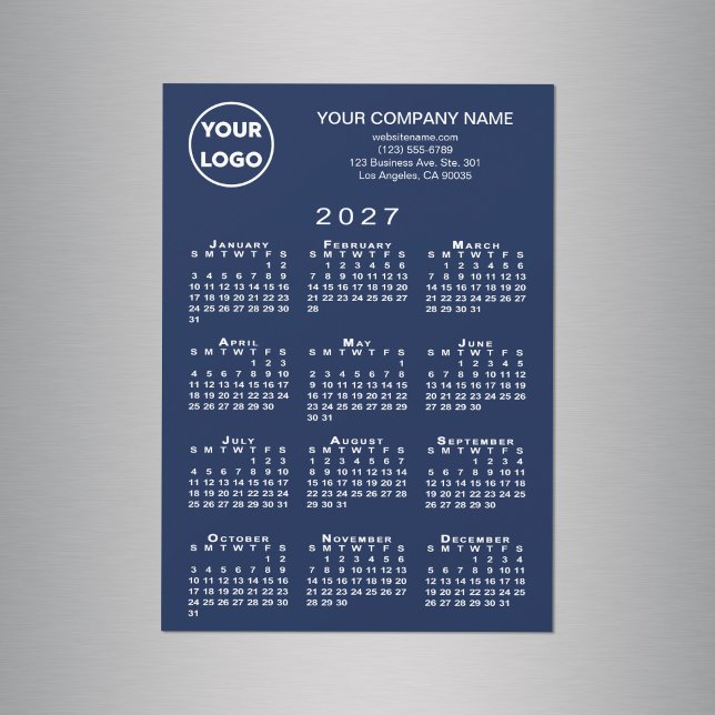 Calendrier 2027 Carte Magnétique Texte Logo Entrep (2027 Calendar Business Logo Text Navy Magnet Card in situ)