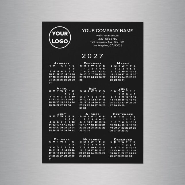 Calendrier 2027 Carte Magnétique Texte Noir Logo E (2027 Calendar Business Logo Text Black Magnet Card in situ)