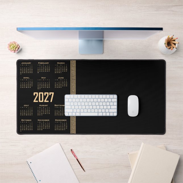 Calendrier 2027, Frette Grecque, Beige sur Noir (Bureau 1)