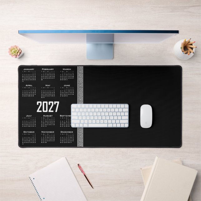 Calendrier 2027, Frette Grecque, Blanc sur Noir (Bureau 1)