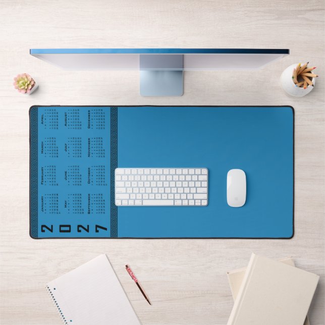 Calendrier 2027, Frette Grecque, Noir sur Bleu Cos (Bureau 1)