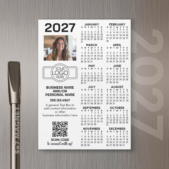 Calendrier 2027 logo Bureau, Code QR, Photo et Plu (2027 Calendar Magnet for Business Promotion)