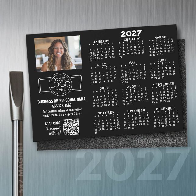 Calendrier 2027 MAGNET - logo, Code QR, Photo NOIR (2027 Calendar on a magnet)