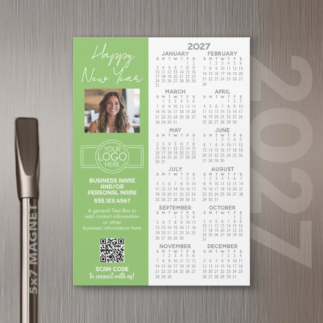 Calendrier 2027 MAGNET - logo, Code QR, Photo Plus (2027 Calendar Magnet for Business Promotion)