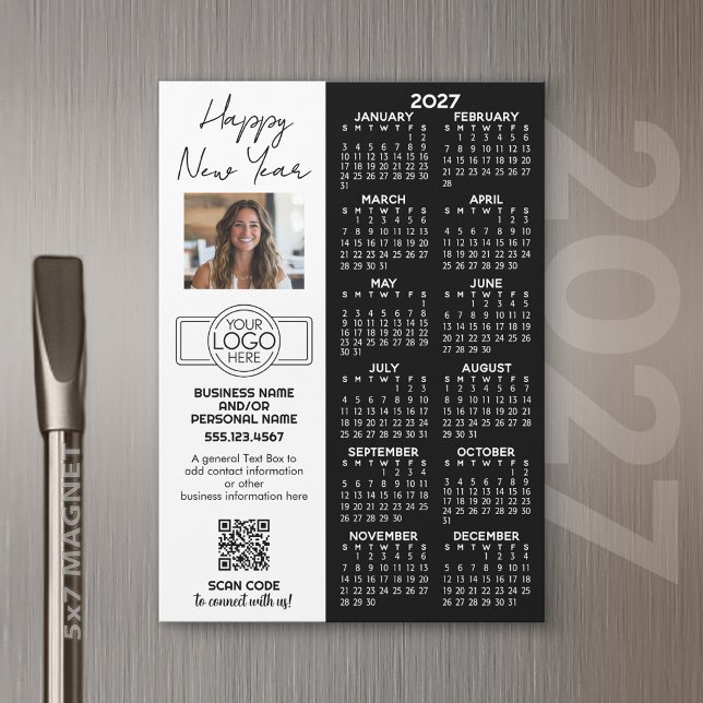 Calendrier 2027 MAGNET - logo, Code QR, Photo Plus (2027 Calendar Magnet for Business Promotion)