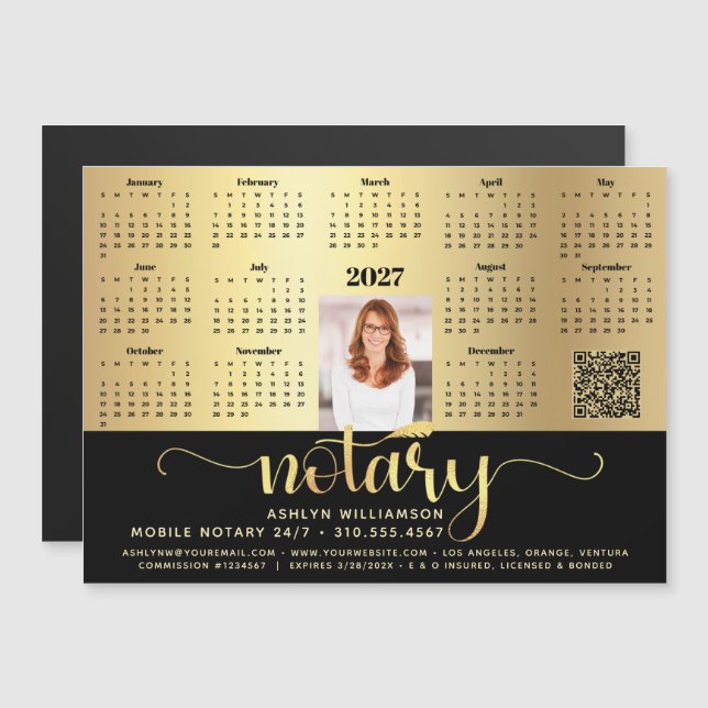 Calendrier 2027 Notaire Noir Or Code QR Aimant (Devant / Derrière)