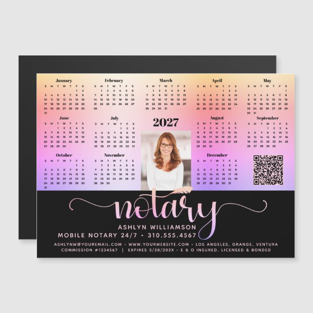 Calendrier 2027 Notaire Noir Rose Code QR Magnet (Devant / Derrière)