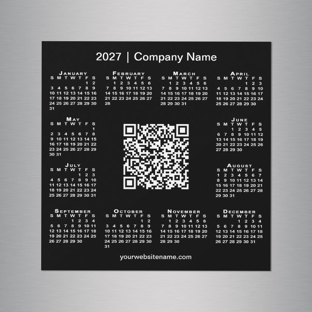 Calendrier 2027 personnalisé Code QR Entreprise Ai (2027 Calendar Custom Business QR Code Black Magnet in situ)
