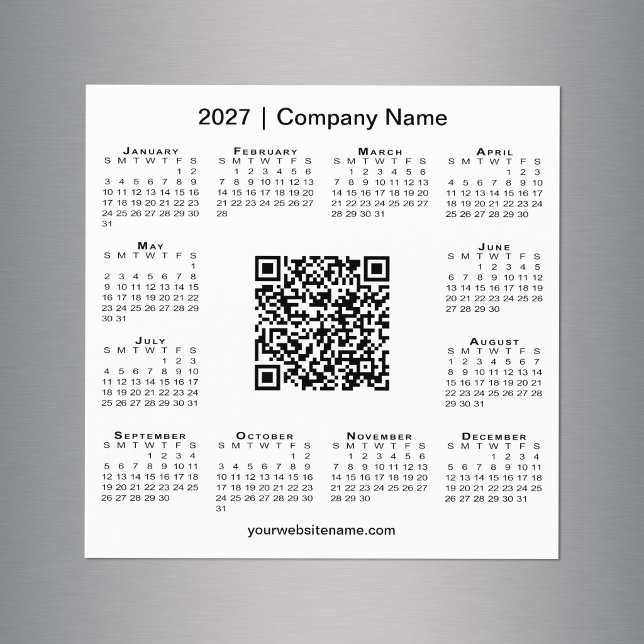Calendrier 2027 personnalisé Code QR Entreprise Ma (2027 Calendar Custom Business QR Code White Magnet in situ)