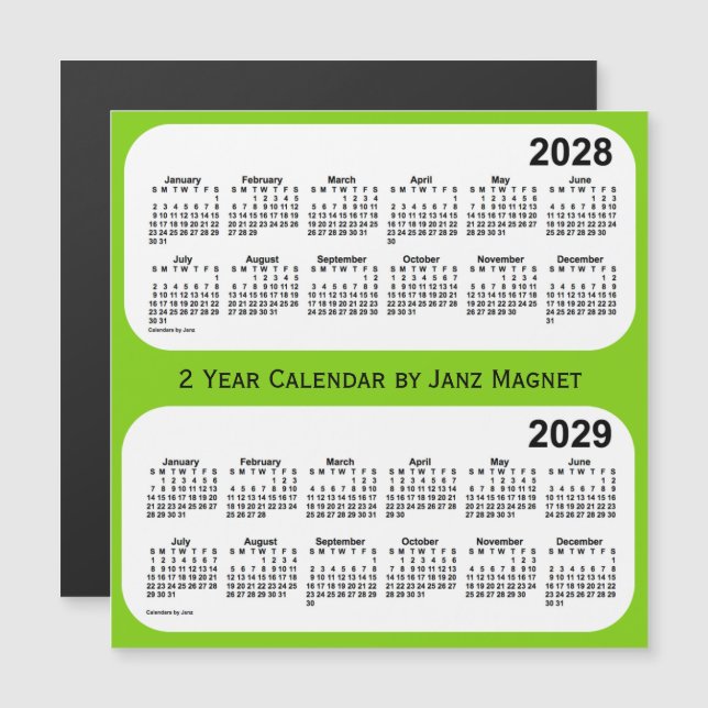 Calendrier 2028-2029 Vert Jaune 2 Année par Janz (Devant / Derrière)
