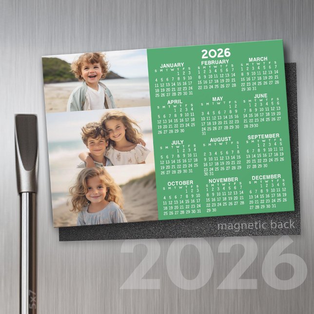 Calendrier - 3 Photos - Aimant blanc vert de base (2026 Calendar on a Refrigerator Magnet with a Photo Collage)
