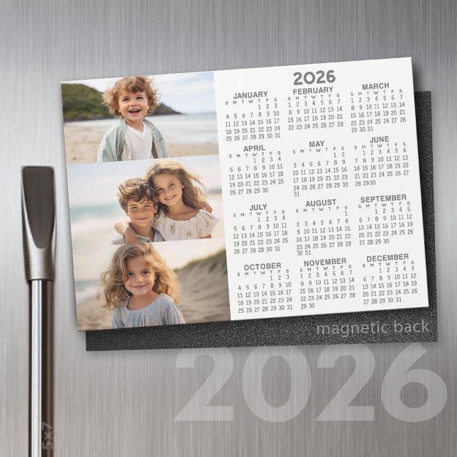 Calendrier - 3 Photos - Gris Basique Aimant Blanc (2026 Calendar on a Refrigerator Magnet with a Photo Collage)