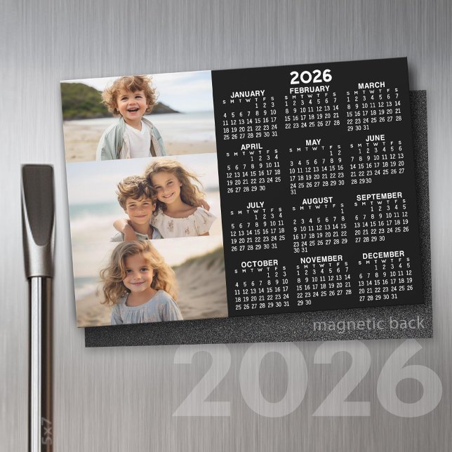 Calendrier - 3 Photos - Magnet noir blanc de base (2026 Calendar on a Refrigerator Magnet with a Photo Collage)