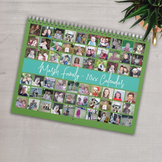 Calendrier 60 Photo personnalisée Famille moderne Vert Turquo (custom photo calendar)