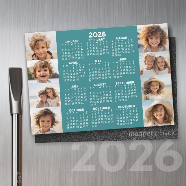Calendrier - 8 Photos Basic Blue White Magnet (2026 Calendar on a Refrigerator Magnet with a Photo Collage)