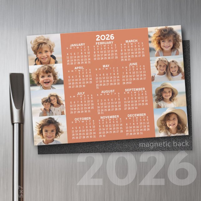 Calendrier - 8 Photos Basic Terra Cotta White Magn (2026 Calendar on a Refrigerator Magnet with a Photo Collage)