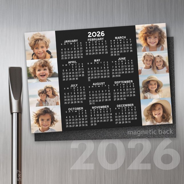 Calendrier - 8 Photos - Magnet noir blanc de base (2026 Calendar on a Refrigerator Magnet with a Photo Collage)