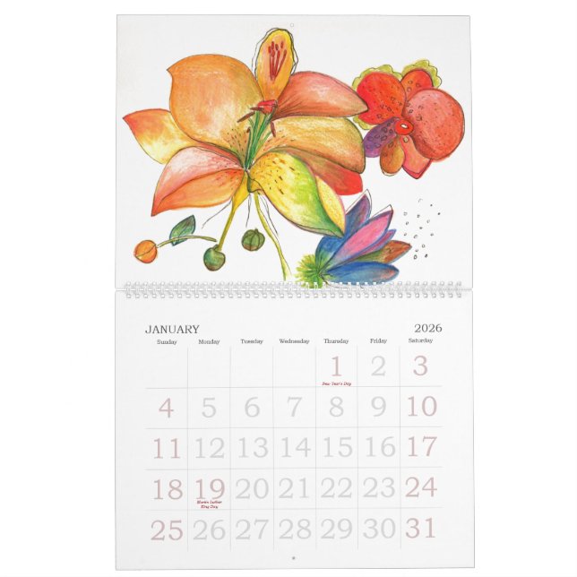 Calendrier abstrait de fleurs et d'orchidées (Jan 2026)