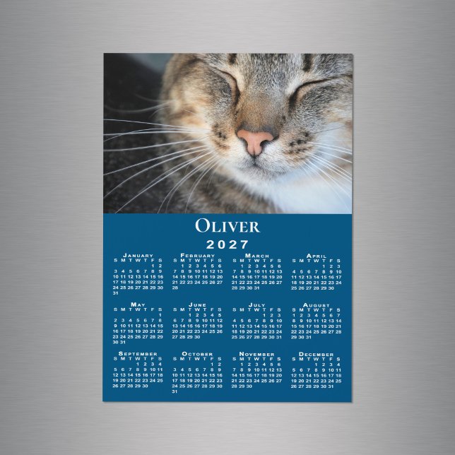 Calendrier aimanté 2027 avec photo de compagnie pe (Custom Pet Photo Name 2027 Calendar Blue Magnet in situ)