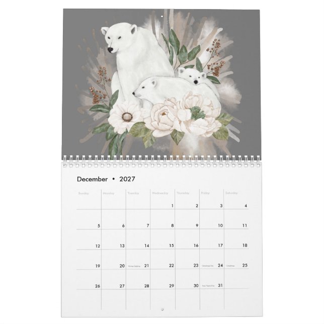 Calendrier Animaux sauvages Gris Floral Aquarelle d'hiver (Dec 2027)
