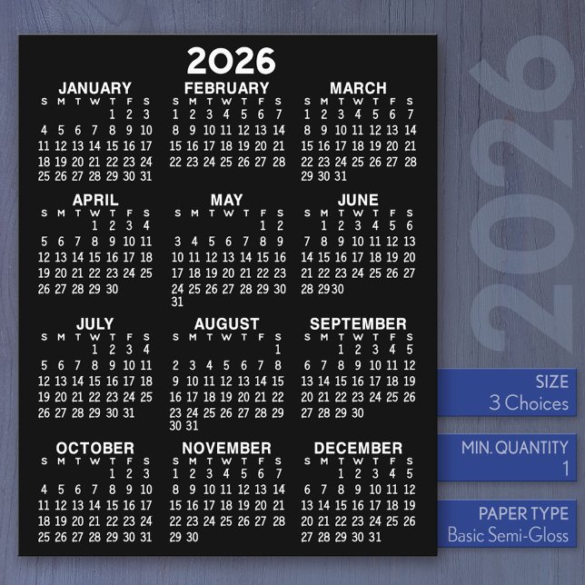 Calendrier - Année complète Papier plat noir (2026 Calendar)