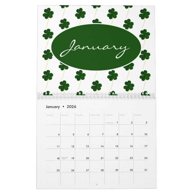 Calendrier Année personnalisée 2024 Irlandais Shamrock Motif  (Jan 2026)