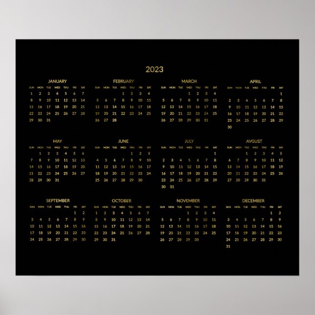 Calendrier Annuel 2023 Affiche Or Faux Et Noir (Devant)