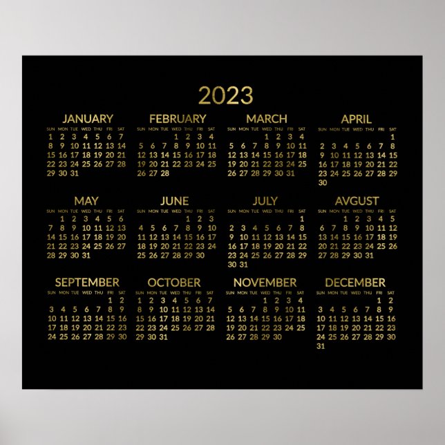 Calendrier annuel 2023 Poster Or Faux et Noir (Devant)