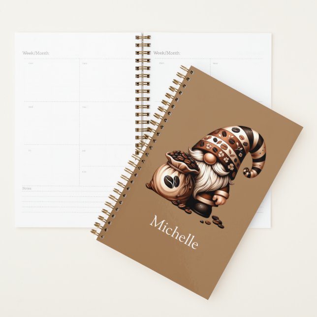 Calendrier annuel avec nom et gnome de café marron (Devant avec enveloppe)