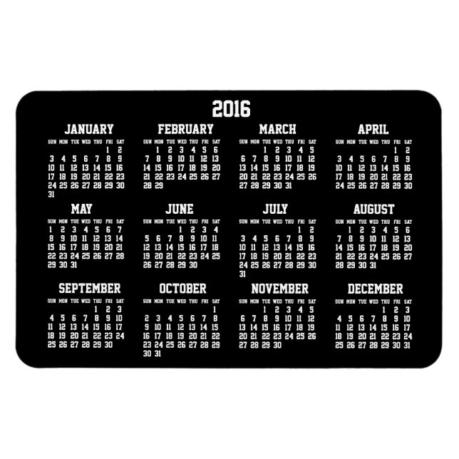 Calendrier annuel noir 2016 grands Magnets flexibl (Horizontal)