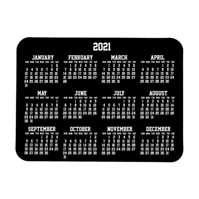 Calendrier annuel noir 2021 petits Magnets flexibl (Horizontal)
