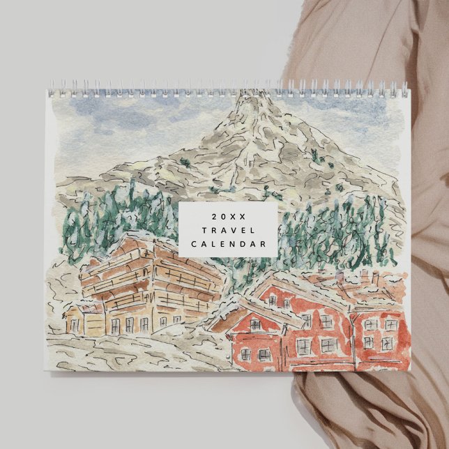 Calendrier Aquarelle (Watercolor Travel Calendar - Swiss Alps, Morocco, California, France, China, and more!)