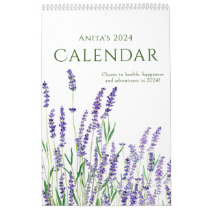 Calendrier aquarelle bleu et violet floral calender 2024