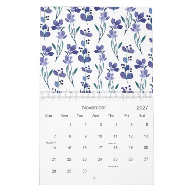 Calendrier Aquarelle Blue Floral Pattern 2026 (Nov 2027)
