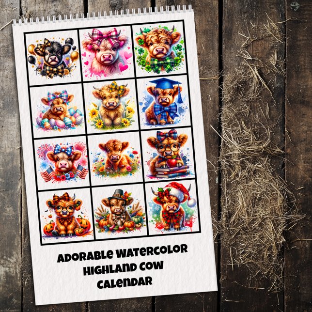 Calendrier aquarelle de vache Highland adorable (Créateur téléchargé)