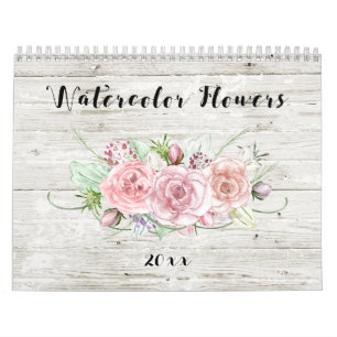 Calendrier Aquarelle Florale sur bois rustique
