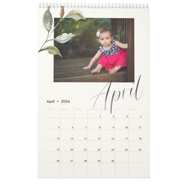 Calendrier Aquarelle moderne Eucalyptus Script Multi Photo (Apr 2026)