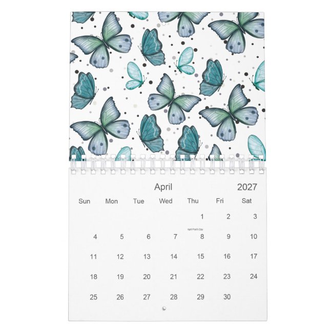 Calendrier Aquarelle Papillons verts et points 2026 (Apr 2027)