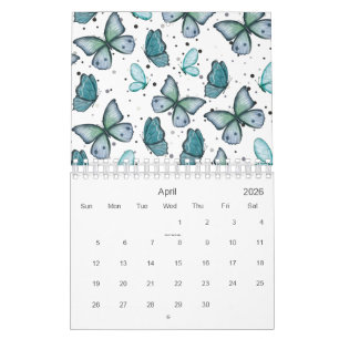 Calendrier Aquarelle Papillons verts et points 2026