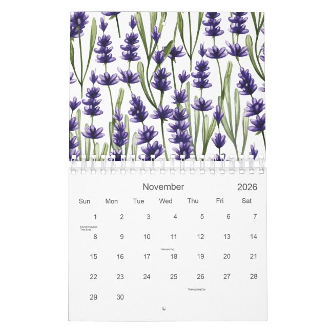 Calendrier Aquarelle Purple Lavender Flowers 2026 (Nov 2026)