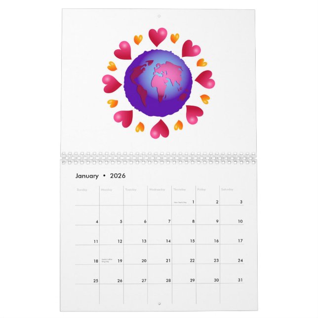 Calendrier Arrière - plan de coeurs (Jan 2026)